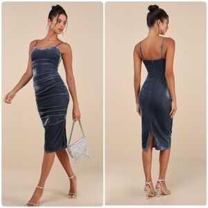 Lulus Plush Personality Slate Blue Velvet Ruched Midi Dress